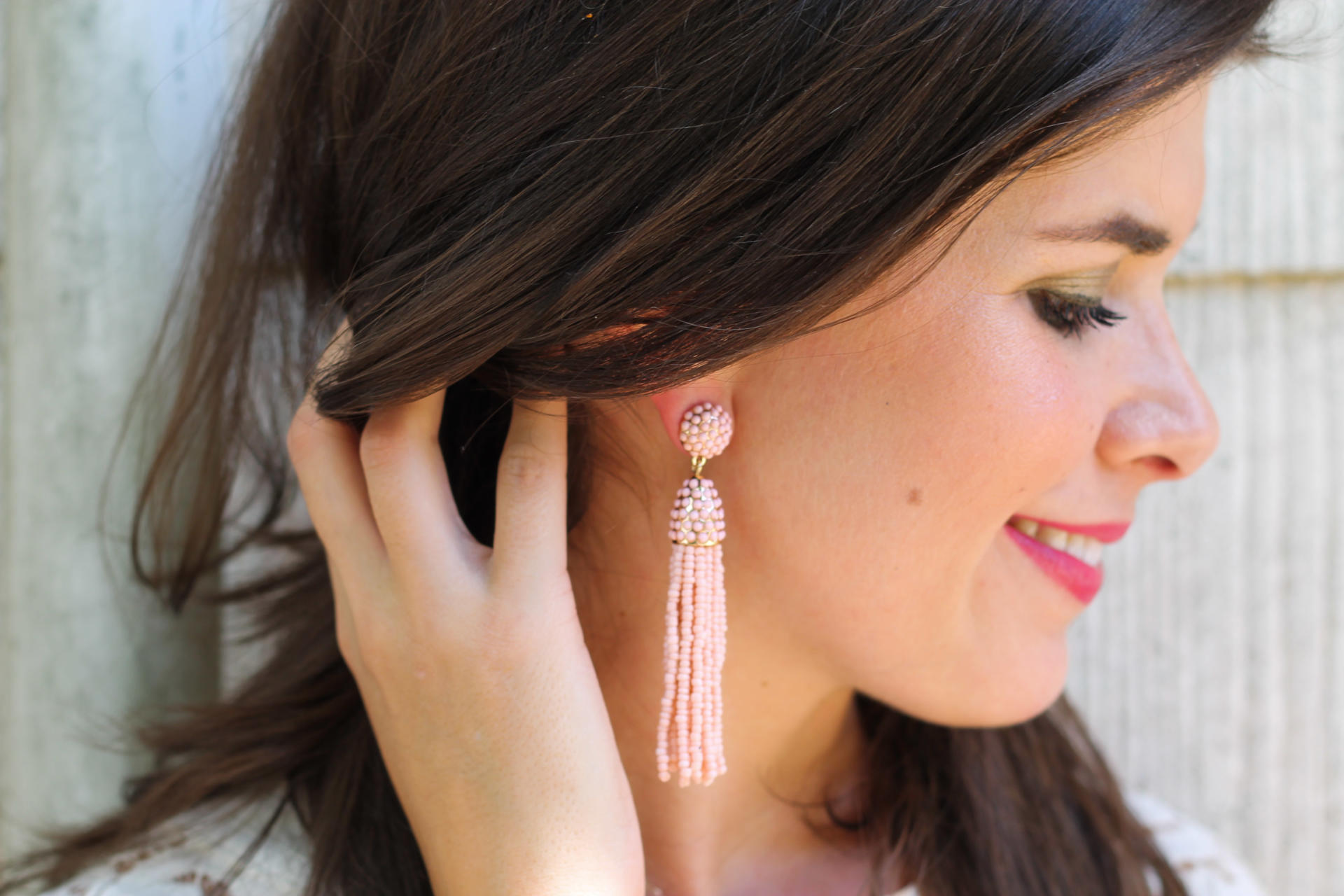 Blush Tassel Earrings And A Lace Top | Style Waltz